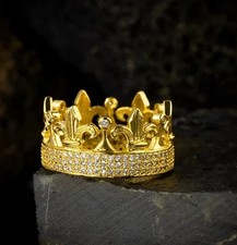 Men King Crown Wedding Ring Simulated Round Cut Diamond 14k Yellow Gold Finish