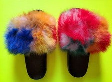 Womens Fashion Fur Slides Cute Flip Flops Slippers Rainbow Fluffy Sandals sz 8