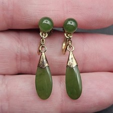 Antique 1930s Silver Goldwash Jade Drop Earrings 2.5cm