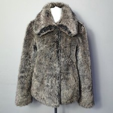 EDINA RONAY Soft Faux Fur Coat Wolf Swing Warm Jacket Collar Grey Brown Size S