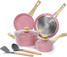 8Pcs Pink Ceramic Non-Stick Cookware Set Induction Ready Frying Pans & Saucepan