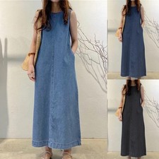 Women's Sleeveless Denim Tank Dress Casual Pockets Jeans Maxi Dresses Plus Size