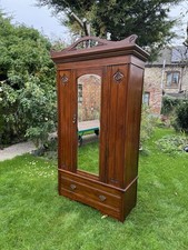 Antique Art Nouveau Solid Mahogany Wardrobe With Mirror