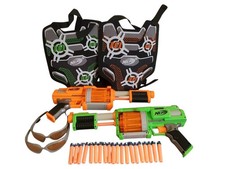 Nerf Fury Lot 2 Green Orange Guns + 2 Vests Glasses 20 Darts 10 Shots