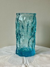 Vintage 1960’s / 70’s MCM Turquoise Bark Glass Cylindrical Retro Vase. VGC