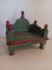 Antique Indian Hindu Home Shrine, Mandir, Singhasan. Turquoise & Red. Teak wood