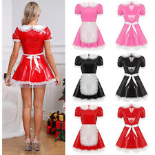 UK Womens French Maid Costume Wet Look Servant Dress Puff Sleeve Uniform Ruffle