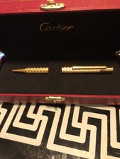 Authentic Must de Cartier Trinity Ballpoint Pen Gold Plate Striped Wavy Office