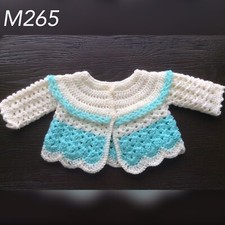 Cream/aqua hand crochet baby matinee jacket 16/18 approx 3months  M265
