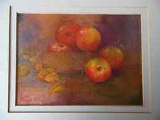 Apples in a Wooden Bowl. Still life by Shirley Felts. Original Watercolour 1988