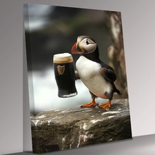 Funny Puffin Drinking Guinness Canvas Wall Art Ready To Hang