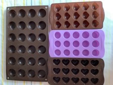 4 x silicon Chocolate Moulds, Shells, Hearts, Rounds.