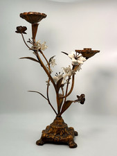 Vintage French Candlestick Ornate Bronze Ceramic Floral Post 1940 Candelabra