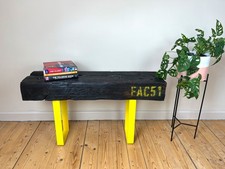 Hacienda Indoor bench, outdoor bench reclaimed sleeper restored oak, yellow legs