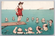 c1910 Comic Bathing Belle on Diving Board, Men Admiring, Artist Signed WS, WSSB
