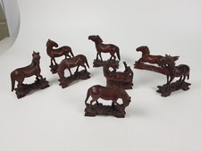 Lot of 7 Chinese Carved Wooden Horse Figurines Set Folk Art Miniatures 