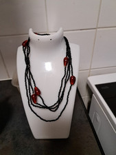 Black Glass  Sea Beaded Necklace With Red  Glass Beads.
