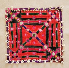 Antique TEXTILE INDIA Hand Embroidery MIRROR WORK Banjara Kutch Cowrie Shells
