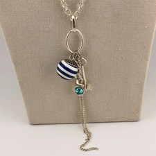 Dangle Tassel Pendant Necklace Long Key, Bead & Silver Tone Chain Christmas Retr