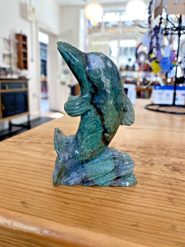Moss agate dolphin carving - dolphin,