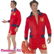 Mens Red Baywatch Costume Lifeguard Uniform 90s 80s Funny Beach Party Outfit