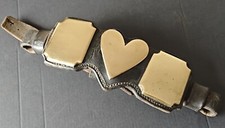 ANTIQUE HORSE BRASS - A BRASS STUDDED LEATHER HARNESS HAMEPLATE - LARGE HEART
