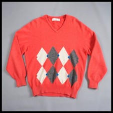 Pringle - 42" Large - Men's Pink Diamond Pattern Wool Jumper Vintage Scotland