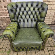 Chesterfield Green High Wing Back Monk Leather Armchair FREE UK SHIPPING 