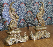 Antique 19th Century Pair of Mythological Griffin Brass Andiron Firedogs Chenets