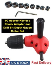Keyless Chuck Drill Adapter 90 Degree & 9 pce Dril Bit Depth Gauge Collar Set