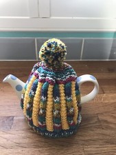 Handmade Knitted Vintage Style Tea Cosy In Multicoloured  With Pom Pom