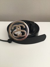 Stussy SS-Link Silver Buckle Black Leather Belt Size S/M