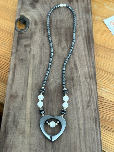 Hematite necklace open - necklace, heart