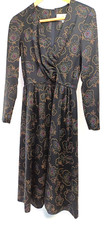 Vintage 1970s Horrockses Fashions Black Wrap V Neck Midi Dress Floral Print M 12