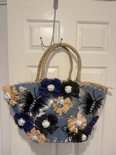 Embellished Denim Straw Tote