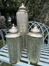 Set of 3 Moroccan Gold Brass Lanterns Decorative Candle Holder 75 cm & 41 cm 