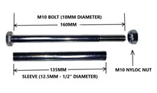 160MM - AXLE SPINDLE NUT, BOLT AND SLEEVE FOR WHEELBARROW WHEEL FITS 1/2" BORE