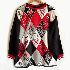 Diamond Floral Knitted Retro Jumper Ladies Black White Red