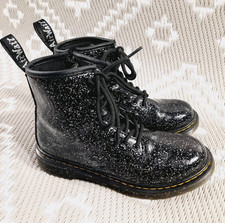 Dr Martens Girls Black & Silver Cosmic Glitter Junior Boots Left UK 1 Right UK 2