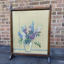 Vintage Fire Screen Oak  Hand Embroidered Floral 29.5” Tall 