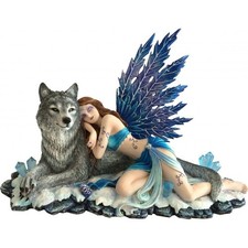 Beautiful Fairy Resting on Wolf Statue Sculpture Magical Figurine Ornament