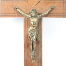 Antique Crucifix Corpus Christi gilt metal inlaid wooden cross religious #2
