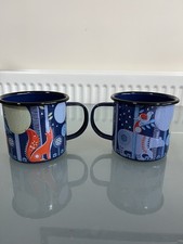 Pair of Vintage Wild & Wolf Folklore Enamel Mugs Animal Designs Unused