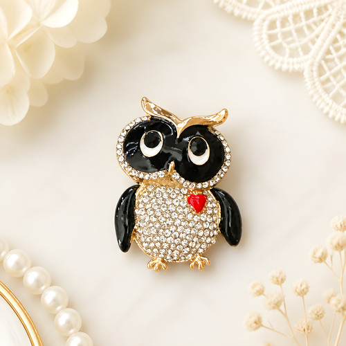 Gold owl brooch black - brooch, enamel