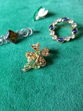 4 Broaches Shamrock 4 Leaf Clover M&S Snowdrop Unmarked Silver Colour With Stone