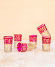 Moroccan Tea Glasses Set of 6 - Hand Painted Tea Glasses - Pink Glassware