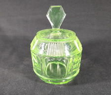 Vintage Green Uranium Glass Lidded Powder Jar / Trinket Box, Dressing Table Set