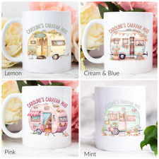 Personalised Caravan Ceramic Mug, Coaster or Mug & Coaster -Pink Lemon Mint Blue