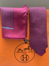 Hermes Burgundy And Grey 100% Silk Tie And Pocket Square Set