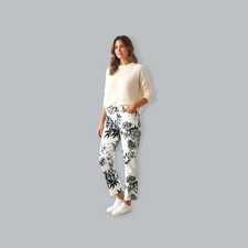 QVC Kim & Co Jean Style Trousers Cropped White Patterned Size S UK 8/10